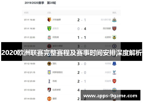 2020欧洲联赛完整赛程及赛事时间安排深度解析