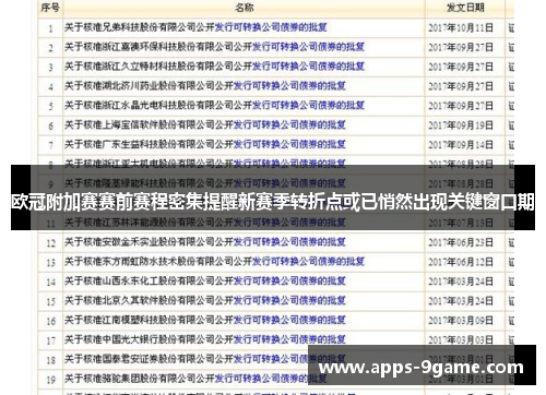 欧冠附加赛赛前赛程密集提醒新赛季转折点或已悄然出现关键窗口期