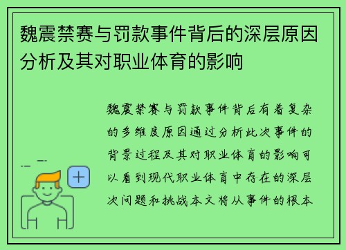 魏震禁赛与罚款事件背后的深层原因分析及其对职业体育的影响