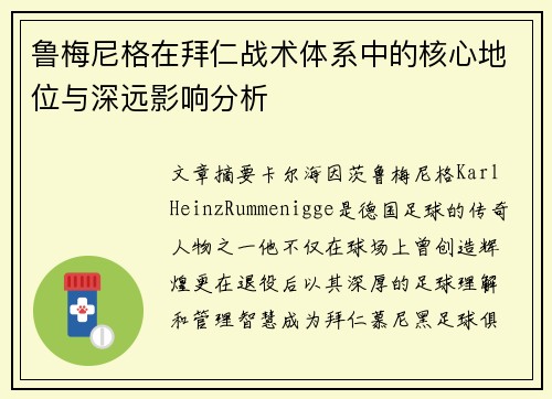 鲁梅尼格在拜仁战术体系中的核心地位与深远影响分析
