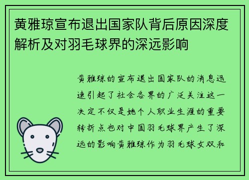黄雅琼宣布退出国家队背后原因深度解析及对羽毛球界的深远影响